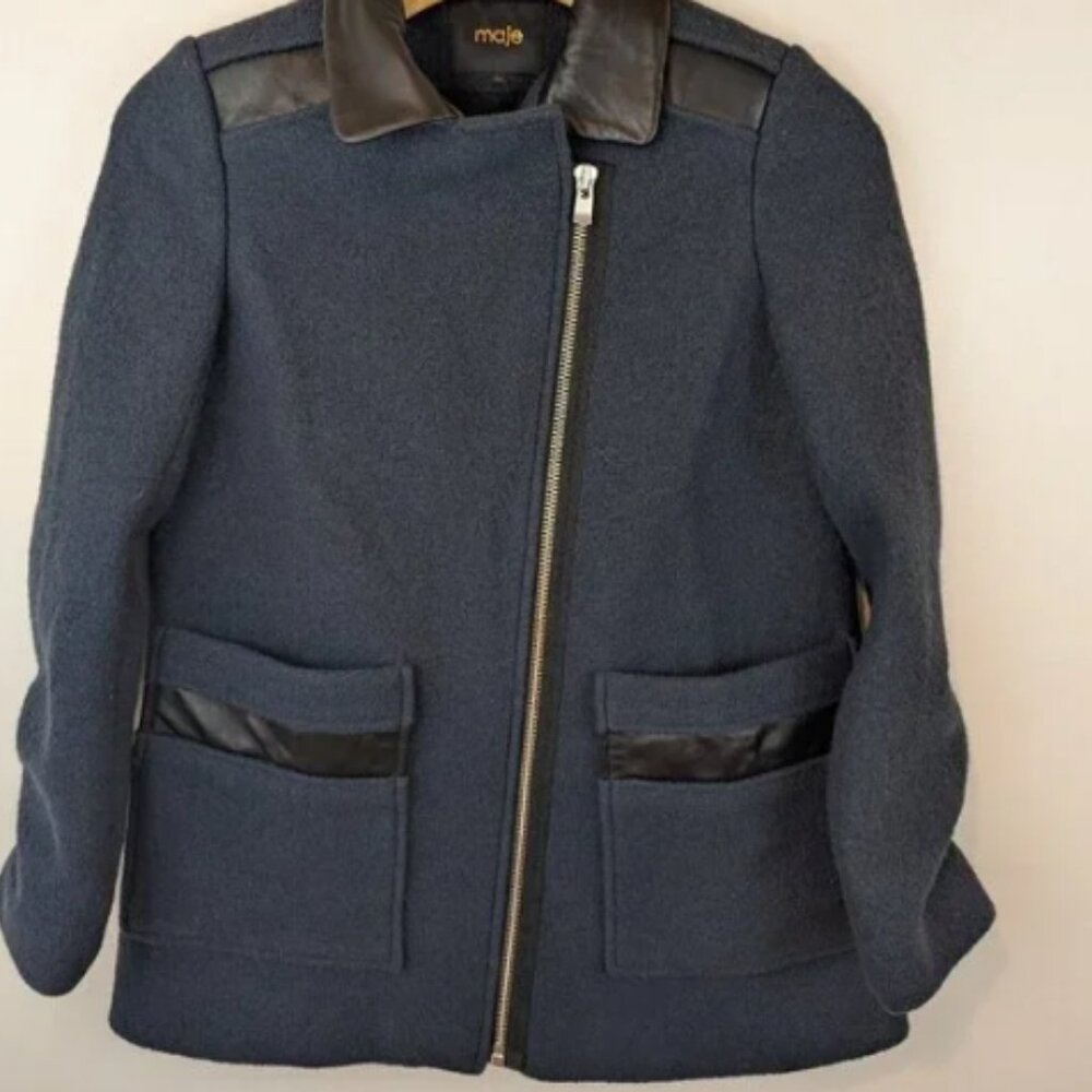 Luxury Maje Garvelle Wool Leather Asymmetrical Zip Coat, Sz EU 36 (US S)